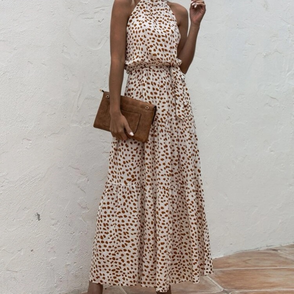 Boho cream brown halter dot belted maxi dress - Picture 5 of 8